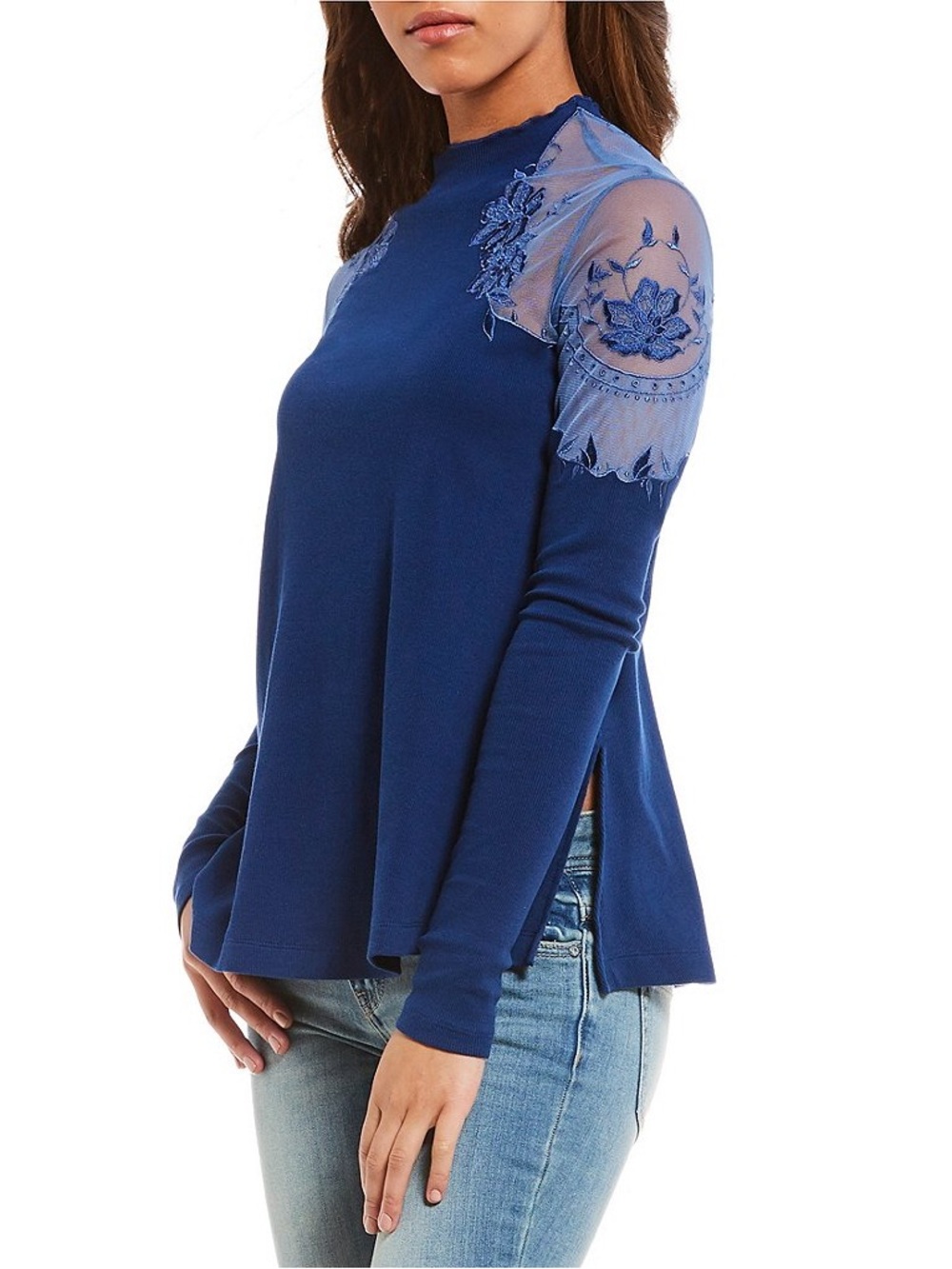 Free People Navy Blue Long-Sleeve Top with Embroidered Sheer Shoulders